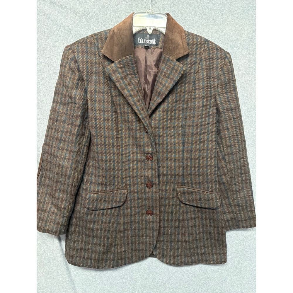 VTG JL‎ Colebrook Plaid Blazer Jacket Suede Elbow Patches Collar Women's Large